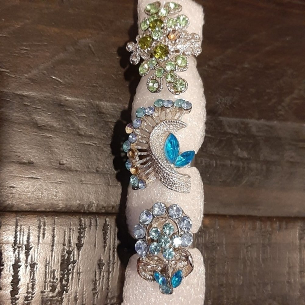 3Pc Set Of Rhinestone Cocktail Rings Aqua Statement Oversized Silver Adjustable - Picture 9 of 9